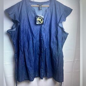 Milllenum Womens Blue Chambray Denim Raffle Sleeves  Button Up Blouse Sz 3XL NWT